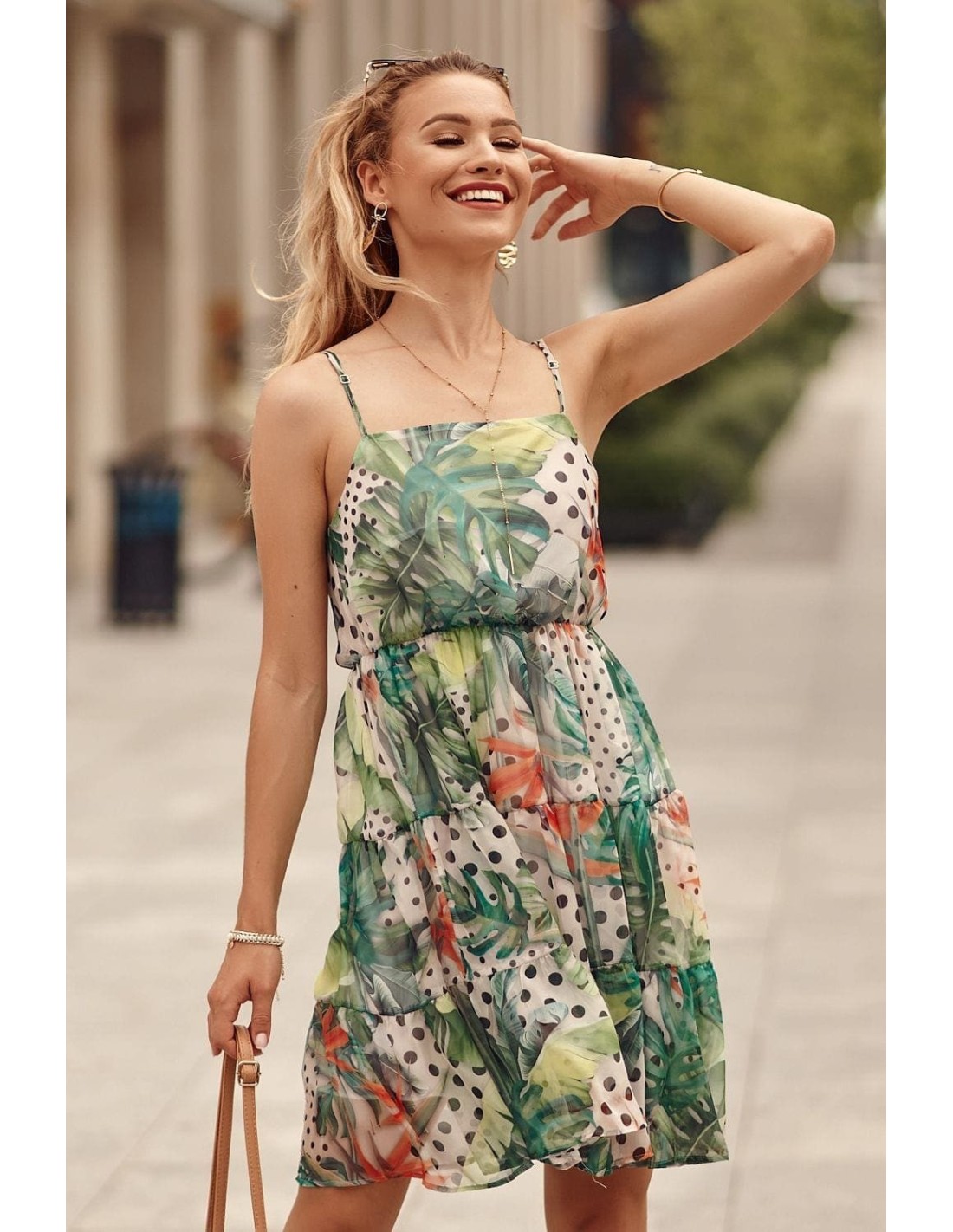 Airy dress with patterns, green and lime PR3213 - Online store - Boutique